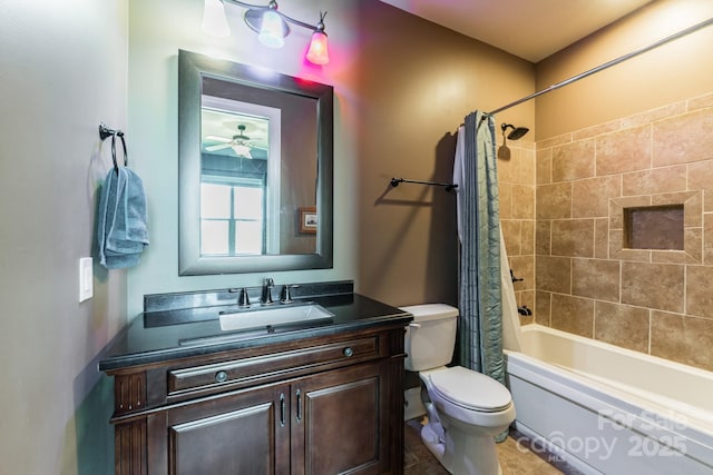 bathroom featuring vanity, toilet, and shower / tub combo with curtain