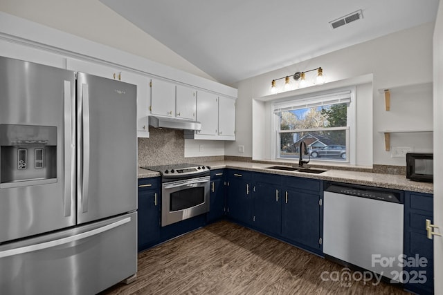 kitchen featuring visible vents, appliances with stainless steel finishes, blue cabinets, under cabinet range hood, and a sink