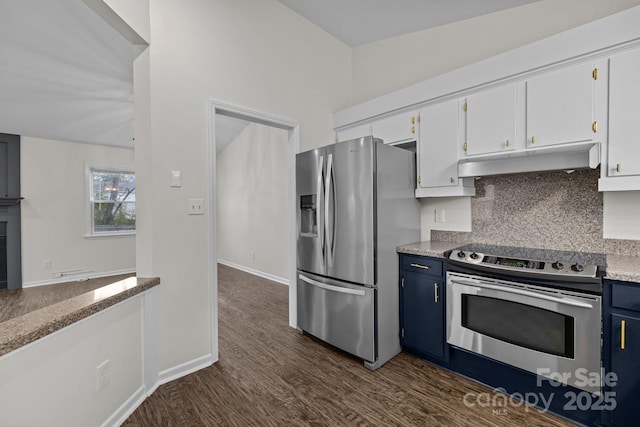 kitchen featuring blue cabinets, appliances with stainless steel finishes, dark wood-type flooring, and under cabinet range hood