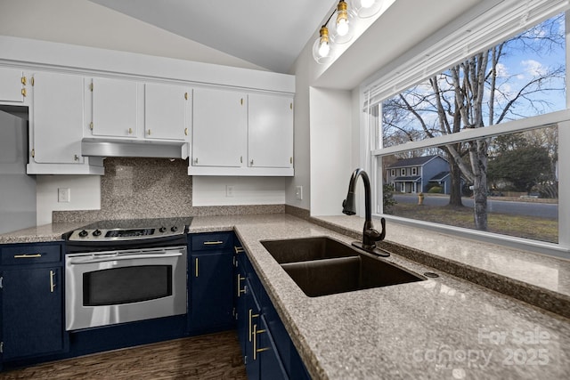 kitchen featuring under cabinet range hood, blue cabinetry, a sink, and stainless steel electric stove