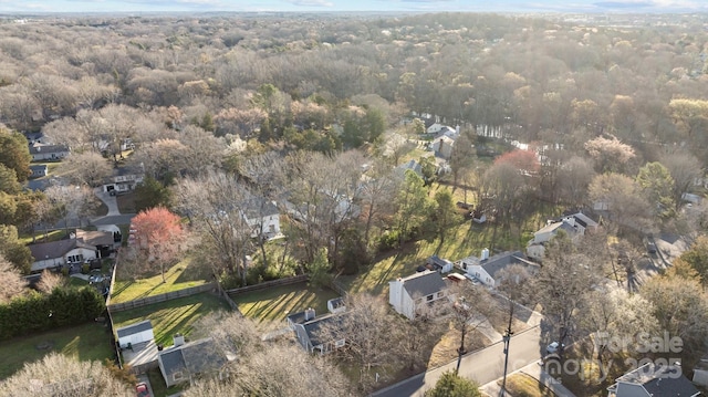 bird's eye view with a wooded view and a residential view