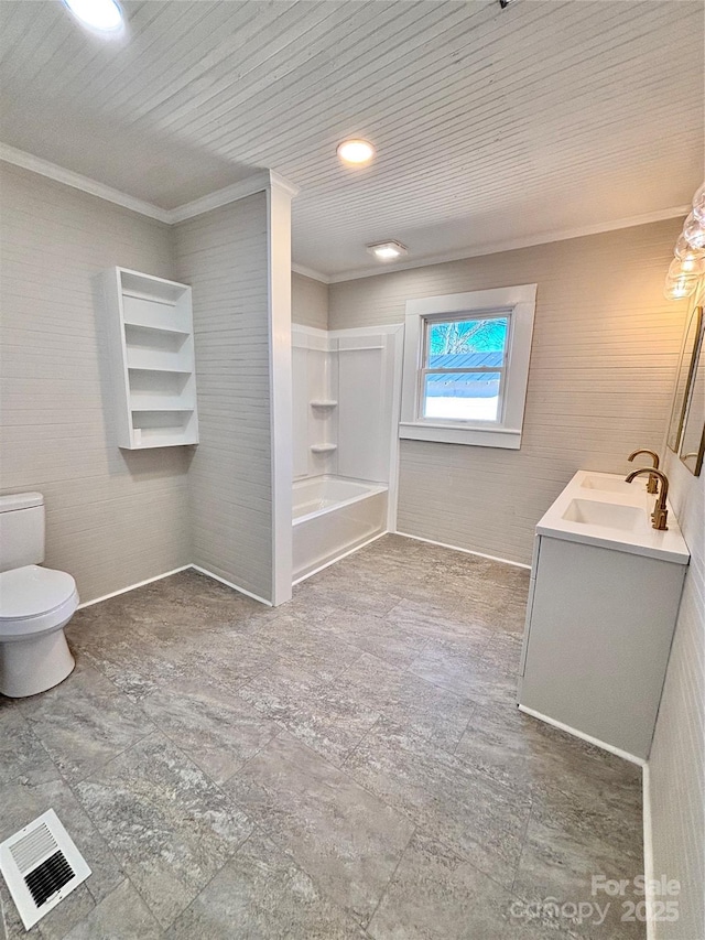 full bath with toilet, visible vents, ornamental molding, and vanity