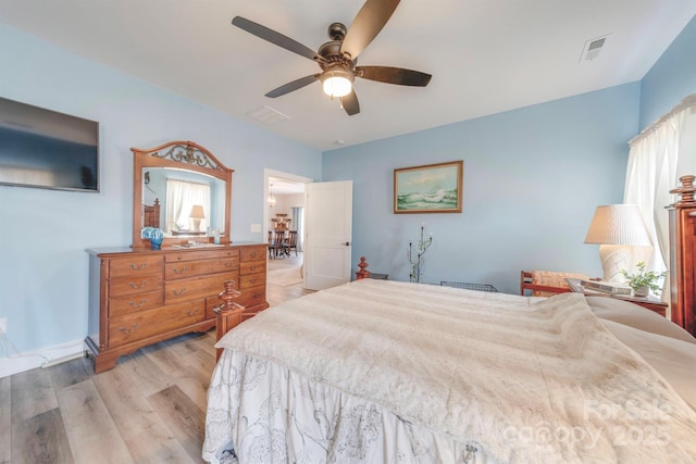 bedroom with light wood-style flooring, visible vents, and ceiling fan