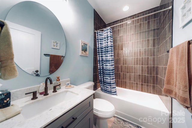 full bathroom featuring toilet, shower / tub combo, recessed lighting, and vanity