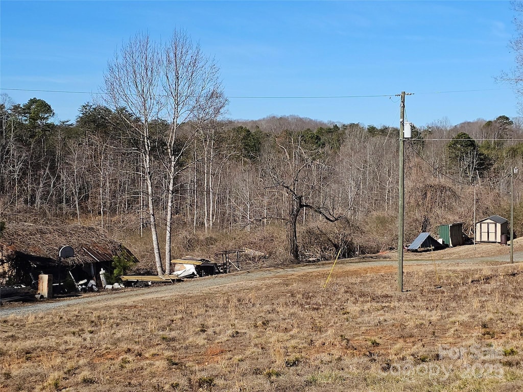 view of yard with a storage shed, an outbuilding, and a wooded view