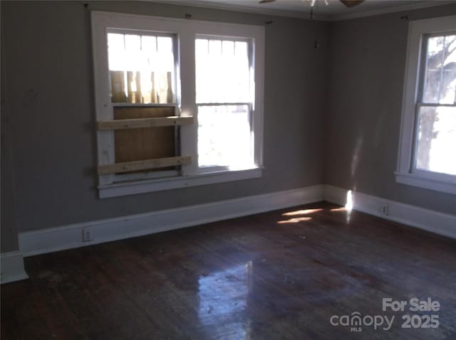 spare room with plenty of natural light, baseboards, and wood finished floors