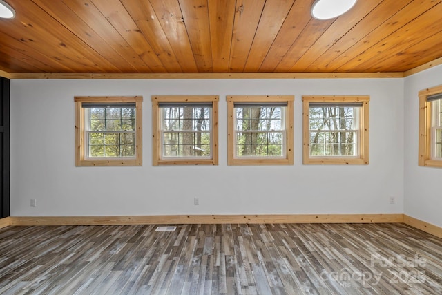 empty room with wood ceiling, visible vents, baseboards, and wood finished floors