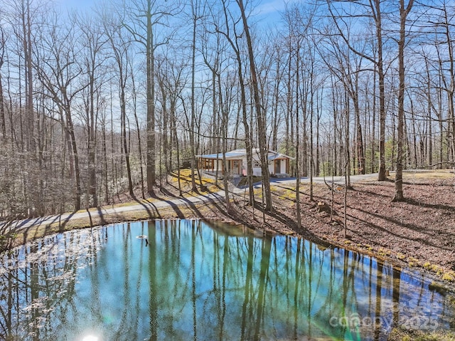 property view of water with a wooded view