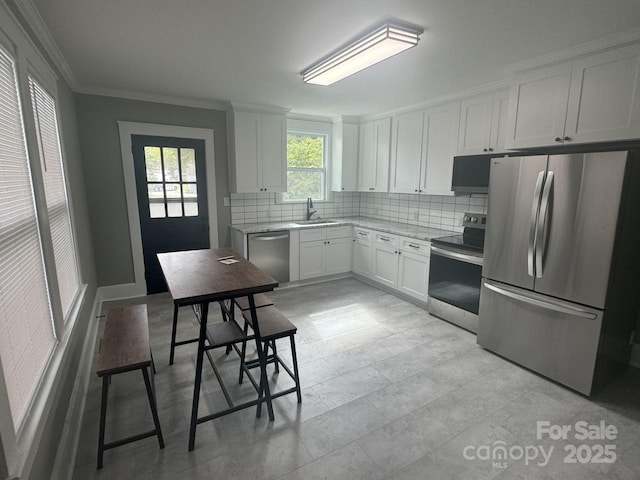 kitchen with stainless steel appliances, backsplash, ornamental molding, white cabinetry, and a sink