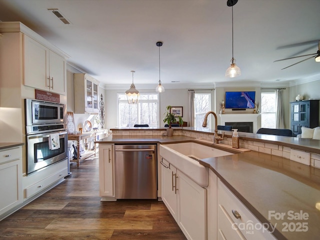 kitchen with dark wood-type flooring, a fireplace, a sink, visible vents, and appliances with stainless steel finishes