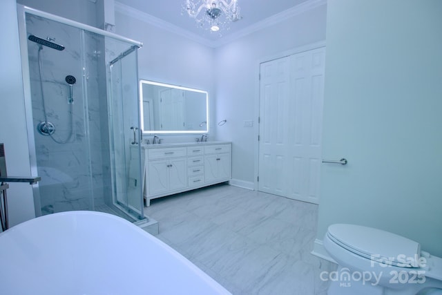 full bath with a shower stall, crown molding, double vanity, baseboards, and marble finish floor