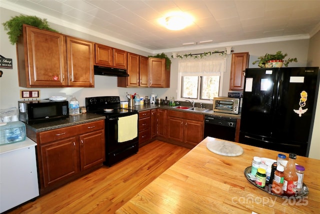 kitchen featuring crown molding, a sink, light wood-type flooring, under cabinet range hood, and black appliances