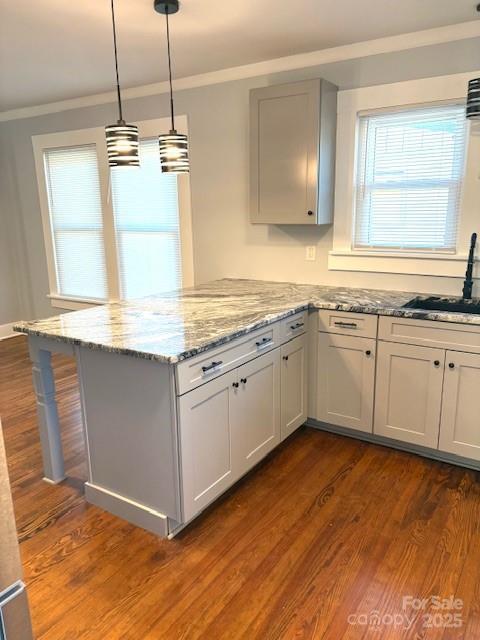 kitchen featuring a peninsula, a sink, dark wood finished floors, and crown molding