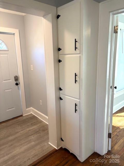 entryway with baseboards and wood finished floors