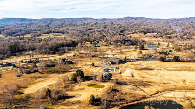 birds eye view of property with a wooded view and a mountain view