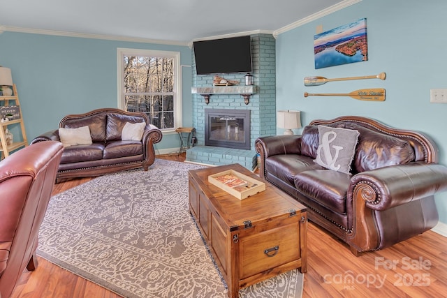 living room featuring a fireplace, ornamental molding, and wood finished floors