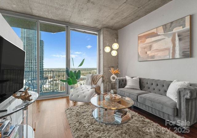 living room featuring floor to ceiling windows and wood finished floors