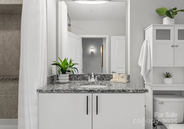 bathroom featuring shower / bath combination with curtain, vanity, and toilet