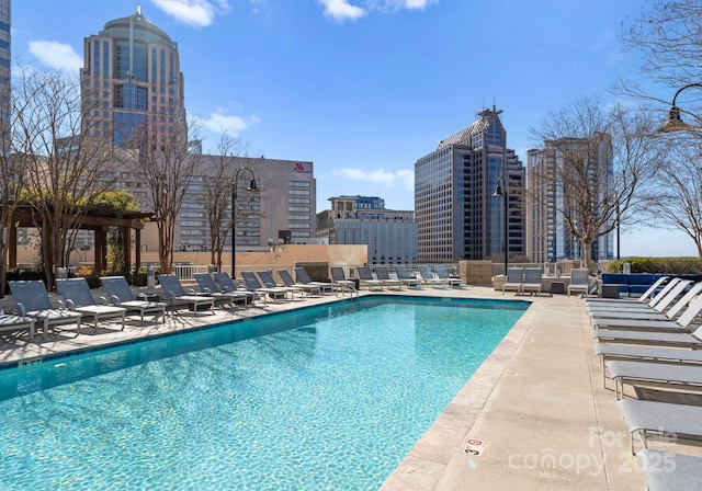 pool featuring a patio area and a city view