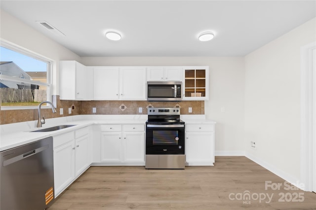 kitchen featuring stainless steel appliances, tasteful backsplash, light wood-style flooring, white cabinets, and a sink