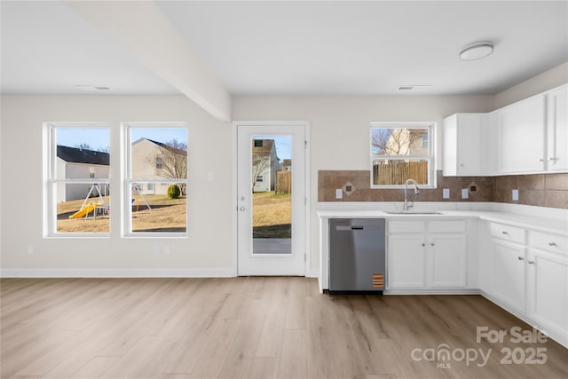 kitchen featuring a sink, light wood-style flooring, decorative backsplash, and stainless steel dishwasher