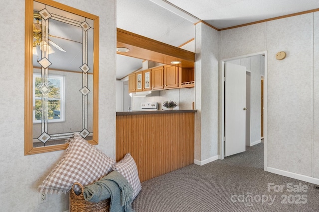 kitchen featuring dark colored carpet, dark countertops, ornamental molding, vaulted ceiling, and under cabinet range hood