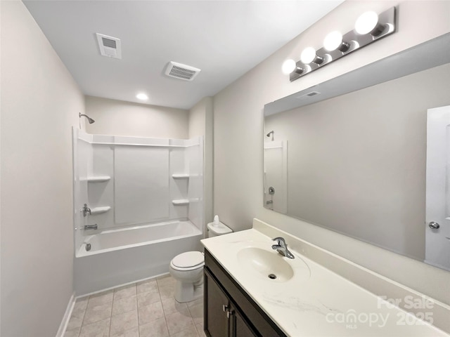 bathroom with visible vents, shower / tub combination, vanity, and toilet