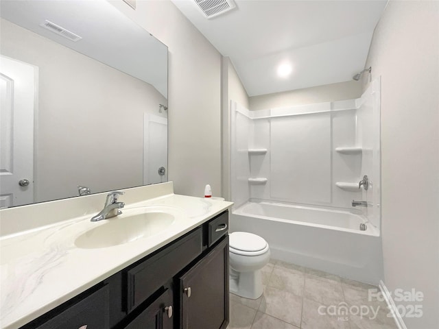 bathroom with toilet, visible vents, shower / washtub combination, and vanity