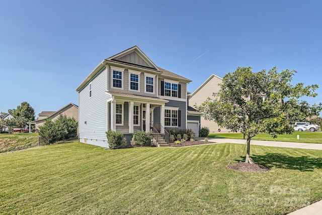 view of front of house featuring board and batten siding, crawl space, a front lawn, and concrete driveway