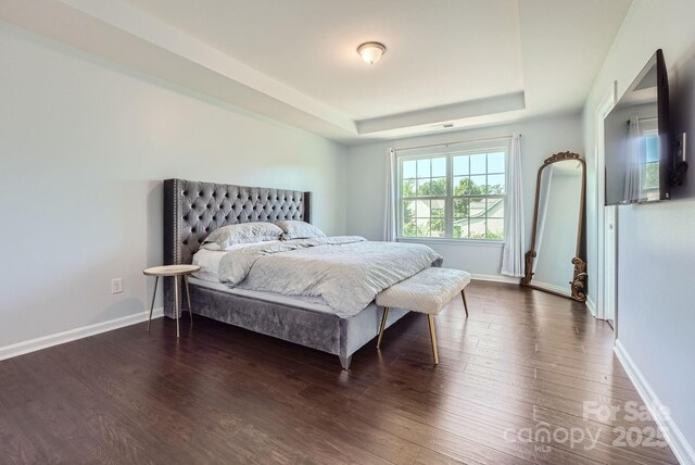 bedroom with baseboards, a tray ceiling, and wood finished floors