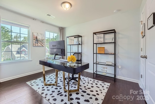 home office featuring baseboards, visible vents, and wood finished floors