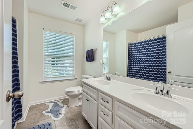 full bath featuring toilet, tile patterned flooring, visible vents, and a sink