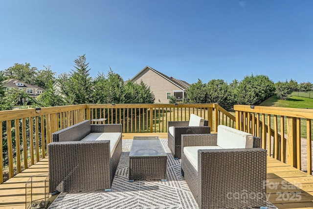 wooden terrace featuring an outdoor living space