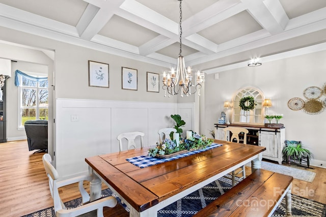 dining room with coffered ceiling, beam ceiling, wainscoting, and wood finished floors