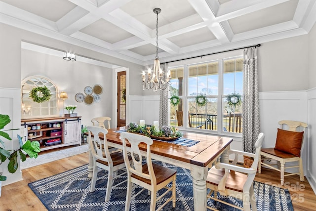 dining space with an inviting chandelier, wainscoting, beamed ceiling, and wood finished floors