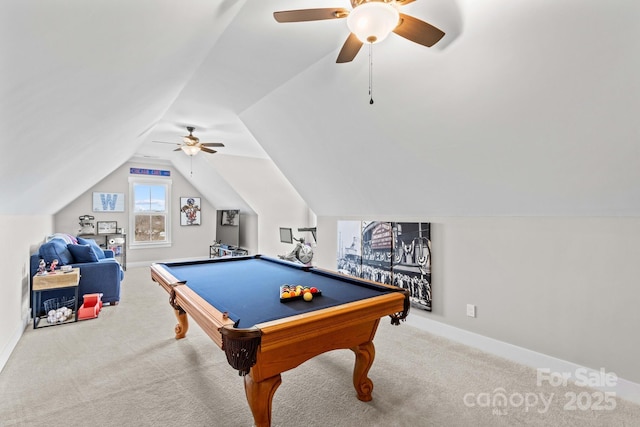 rec room featuring carpet floors, vaulted ceiling, baseboards, and ceiling fan