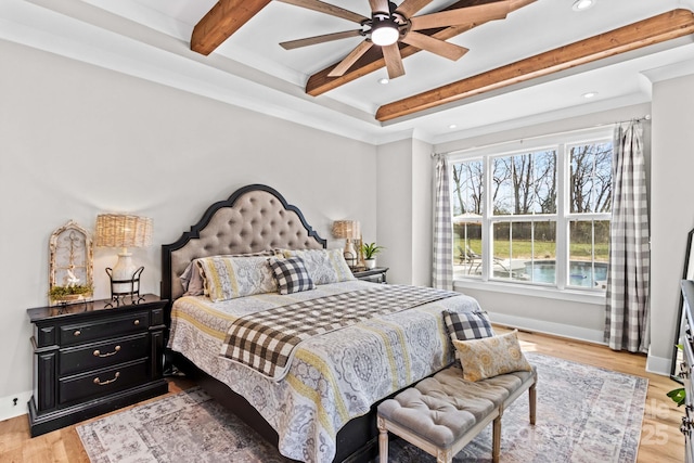 bedroom featuring recessed lighting, wood finished floors, beam ceiling, and baseboards