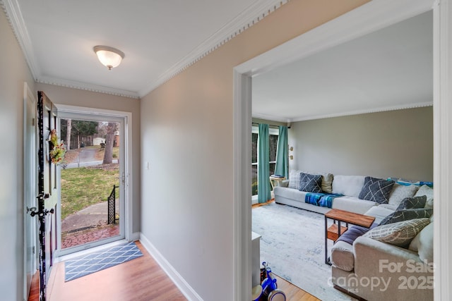 entryway featuring ornamental molding, baseboards, and wood finished floors