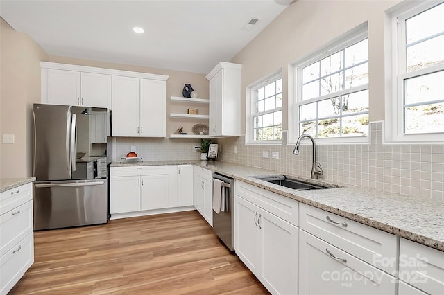 kitchen featuring light wood finished floors, white cabinets, appliances with stainless steel finishes, open shelves, and a sink