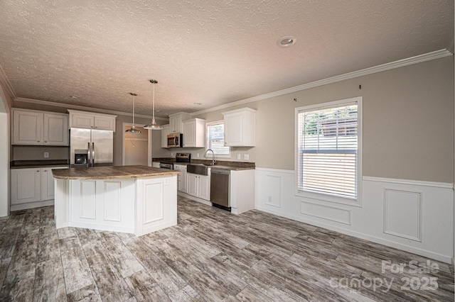 kitchen with a wealth of natural light, white cabinetry, stainless steel appliances, and wood finished floors