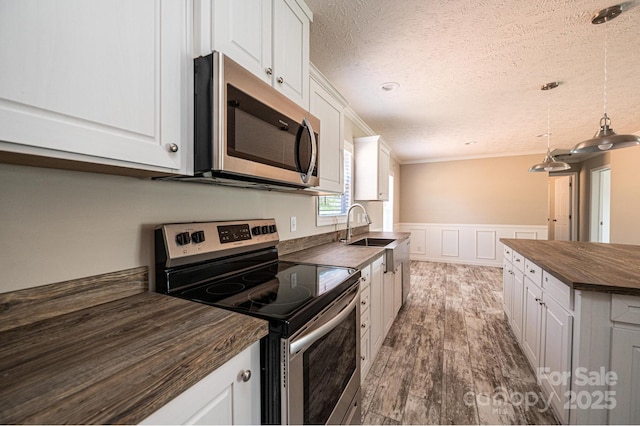 kitchen featuring a wainscoted wall, stainless steel appliances, butcher block countertops, and white cabinets