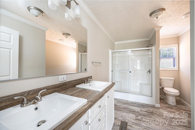 bathroom with a sink, toilet, and a shower stall