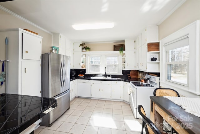 kitchen with dark countertops, white appliances, backsplash, and open shelves