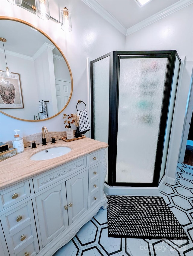 full bath with a stall shower, ornamental molding, and vanity