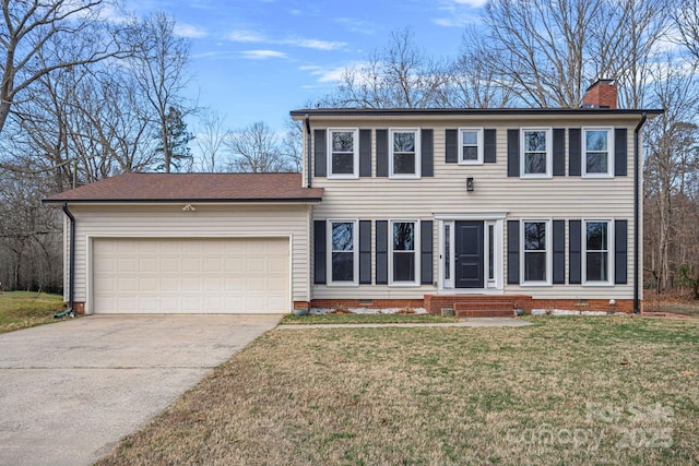 colonial home with a front yard, crawl space, a chimney, and an attached garage