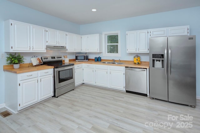 kitchen with visible vents, white cabinets, stainless steel appliances, under cabinet range hood, and a sink