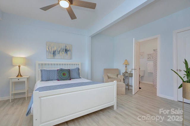 bedroom with baseboards, ceiling fan, and light wood finished floors