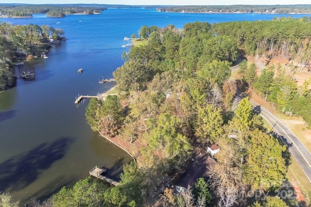 birds eye view of property with a water view and a wooded view