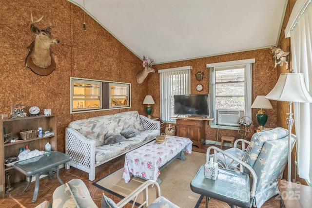 living room with vaulted ceiling