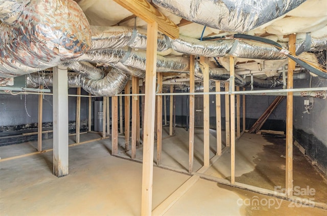 basement featuring crawl space and water heater